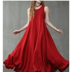 LINENNAIVE Sz L XL Red Sleeveless Linen Maxi Dress Sundaze 20 NWT